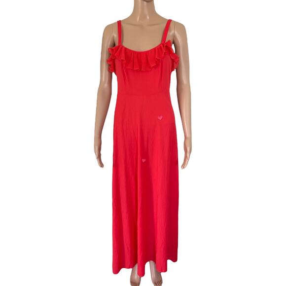 VTG Ruffle Slip Maxi Dress Romantic Ladybug Heart Embroidery Patch Italy 46 Red - Picture 1 of 9